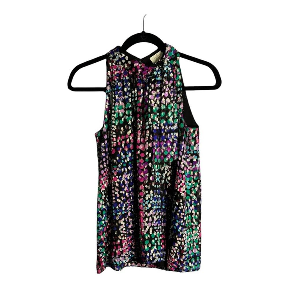 Kate Spade Purple Green Print Sleeveless Blouse Gold Metallic Detail XS
